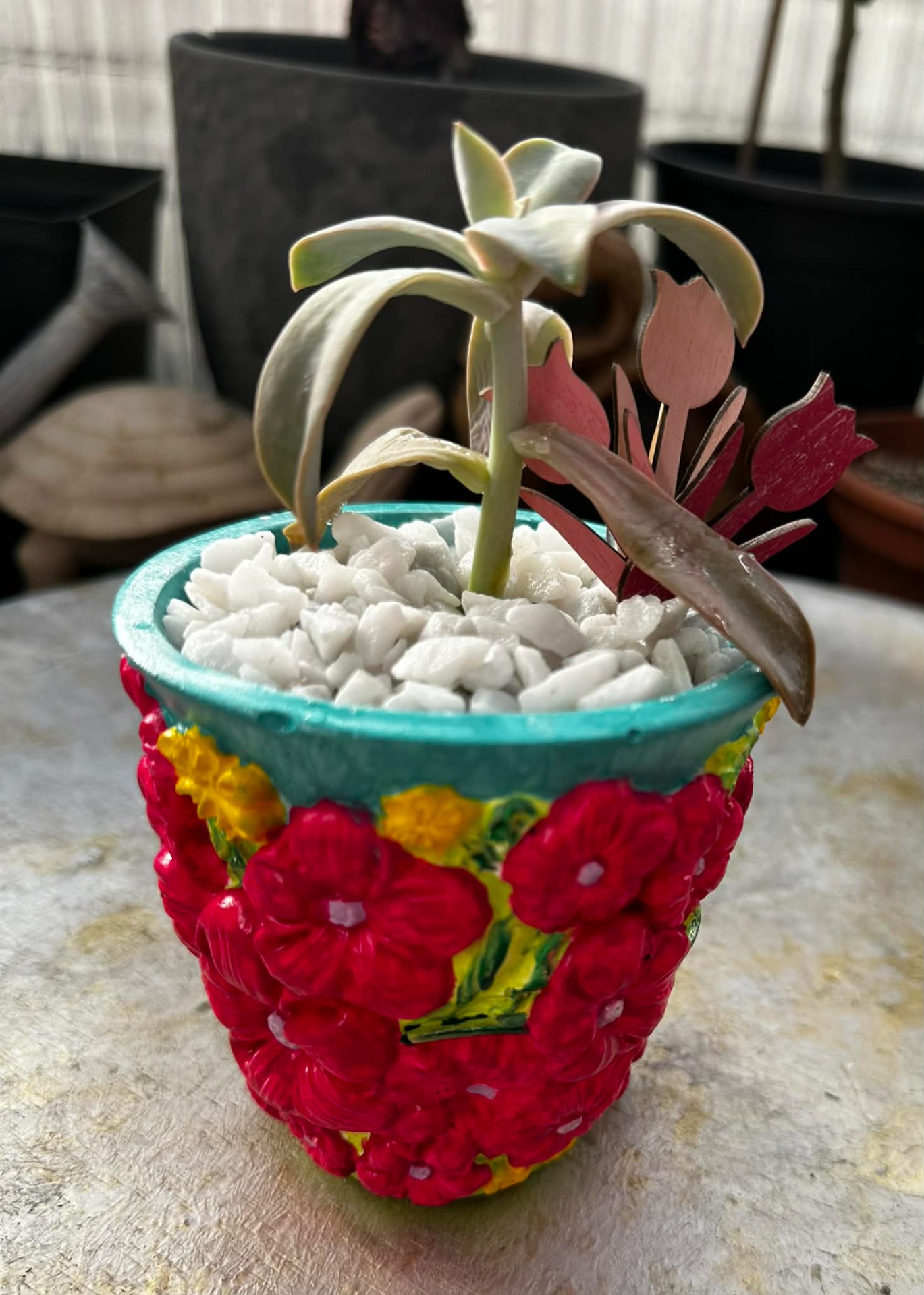 "Rózsaszín virágözön" kaspó, élő pozsgással 5